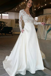 Elegant A-line V-neck Long Sleeves White Floor-length Wedding Dress With Lace